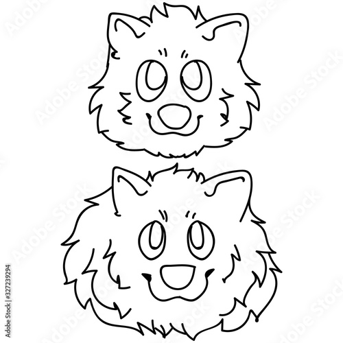Cute carton pomeranian dog and puppy breed face lineart vector clipart. Pedigree kennel doggie for dog lovers. Purebred domestic pet for pet parlor illustration mascot. Isolated canine spitz hound. 
