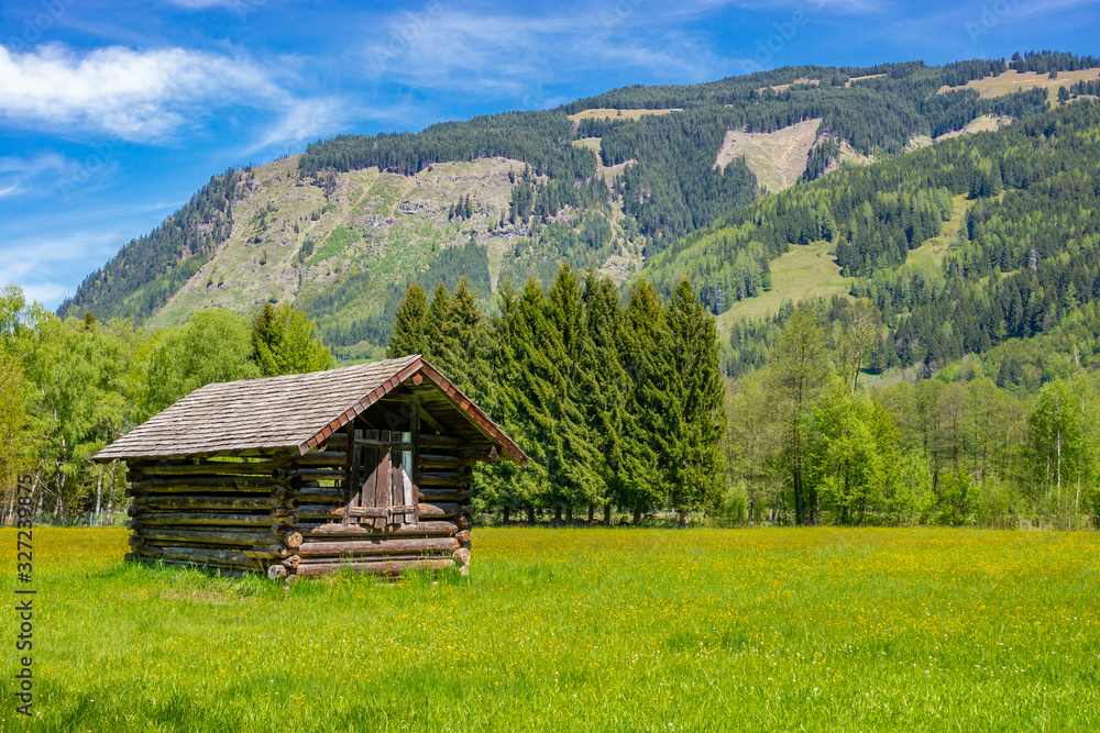 Holzhütte auf einer Wiese im Gebirge