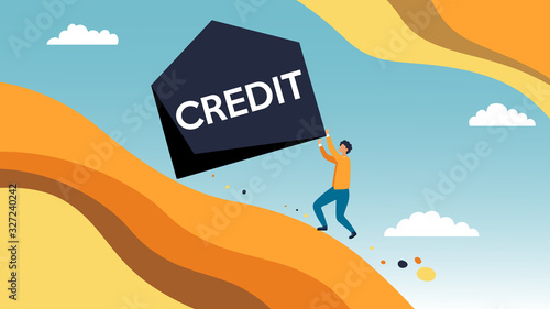 Mortgage Loan Concept. Male Cartoon Character Is Pushing Big House Silhouette Uphill With The Message Credit. Mortage Loan Risk Concept Finance Management. Cartoon Flat Style. Vector Illustration
