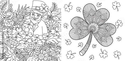 Cute St. Patrick finding clover leaf and zentangle clover leaf collection for coloring book page for kids and adult. Vector illustration