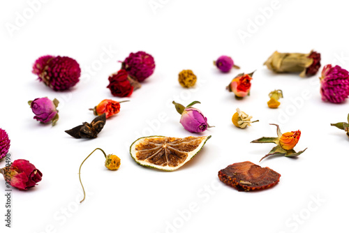 Herbal tea ingredients on a white background