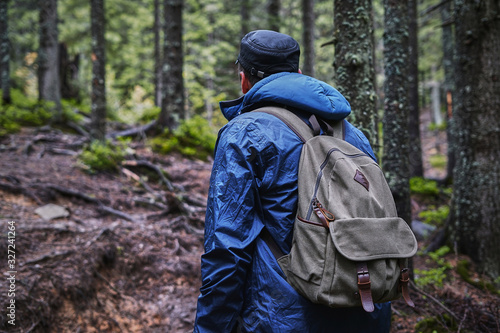 adventure, travel, tourism, hike and people concept - close up of friends walking with backpacks in woods from back © chdenisz