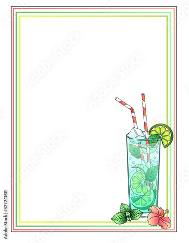A cheerful, summer, multi-colored frame decorated with a glass with a drink. Vertical vector frame with mojito in a glass cup and flower. Frame with copy space for your content.