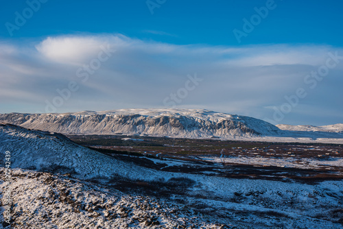 Arctic landscape in Iceland with snow covered mountains 