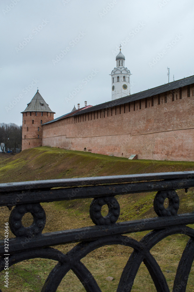 View of the towers of Novgorod Kremlin from the bridge over the moat, Russia