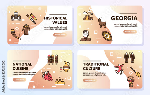 Georgia color linear icon set. Georgian culture, food and traditions