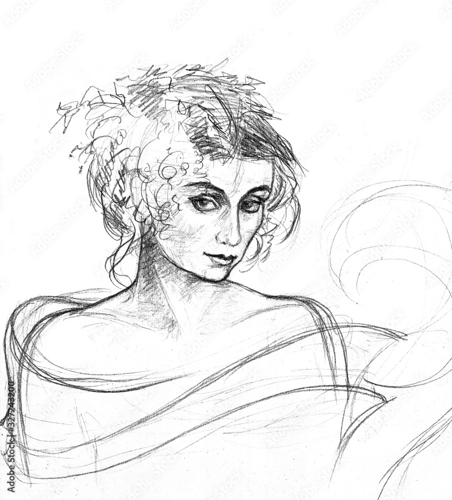 Fototapeta premium A rough sketch of a young woman. Pencil drawing, head, shoulders, on a white background.