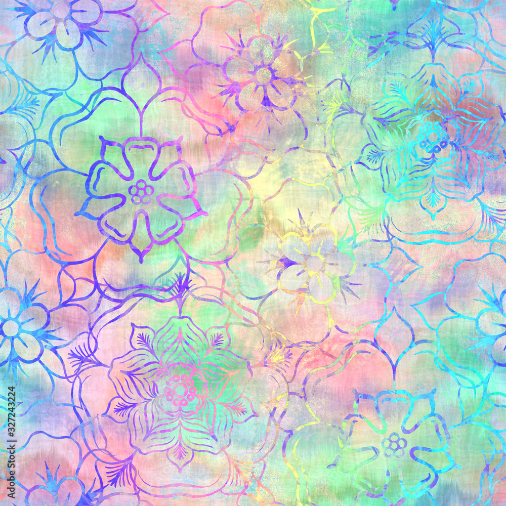 Holographic foil vivid trendy seamless tudor rose flower pattern. Opalescent psychedelic design in pastel rainbow colors. Cosmic futuristic iridescent graphic swatch.