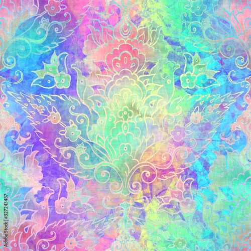 Fototapeta Naklejka Na Ścianę i Meble -  Holographic foil vivid trendy seamless turkish motif pattern. Opalescent psychedelic design in pastel rainbow colors. Cosmic futuristic iridescent graphic swatch.