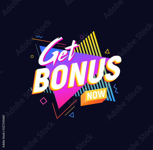 Get Bonus Now isolated vector icon 90s retro style design. Web gift label on dark background. Promotion sign photo