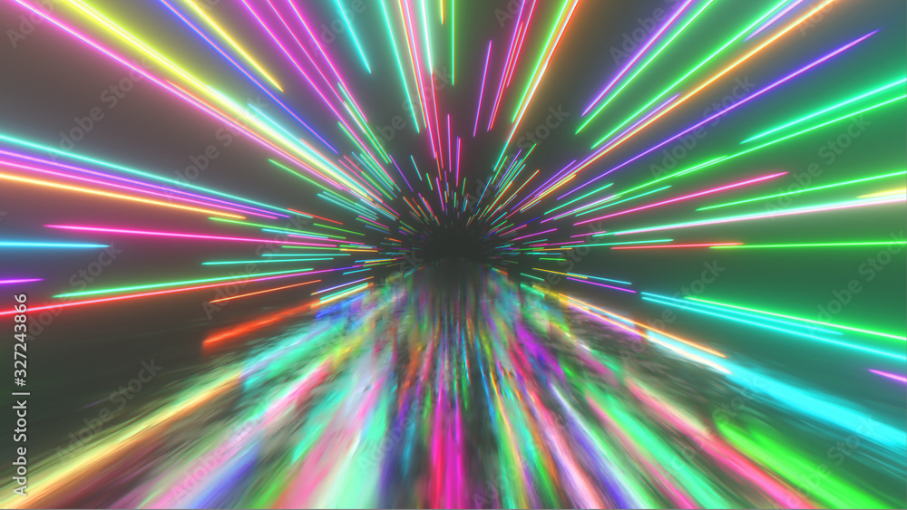 Flying in space with luminous neon lines. Hyperspace. Modern spectrum of light. Multicolored. 3d illustration Flying in space with luminous neon lines. Hyperspace. Modern spectrum of light. Multicolored. 3d illustration