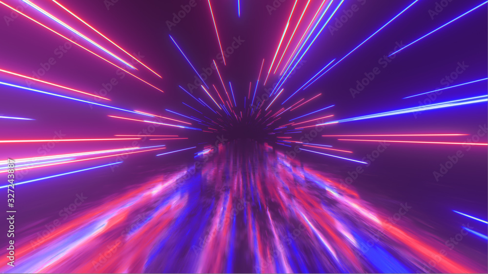 Flying in space with luminous neon lines. Hyperspace. Modern ultraviolet spectrum of light. Blue purple color. 3d illustration Flying in space with luminous neon lines. Hyperspace. Modern ultraviolet spectrum of light. Blue purple color. 3d illustration