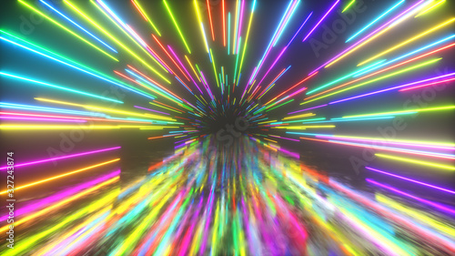 Flying in space with luminous neon lines. Hyperspace. Modern spectrum of light. Multicolored. 3d illustration