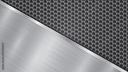 Background in silver and gray colors, consisting of a perforated metallic surface with holes and one big polished plate located in diagonal, with a metal texture, glares and shiny edge