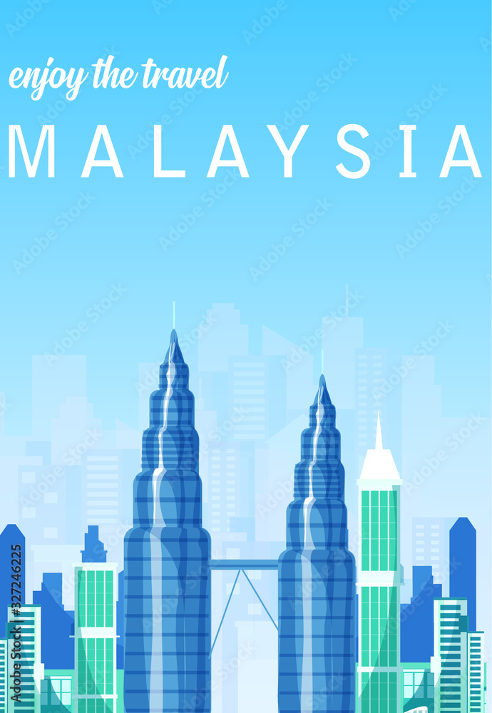 Plakat Flat Illustration. Awesome city view in sunny day in Petronas Tower, Kuala Lumpur. Enjoy the travel. Around the world. Quality vector poster. Malaysia.