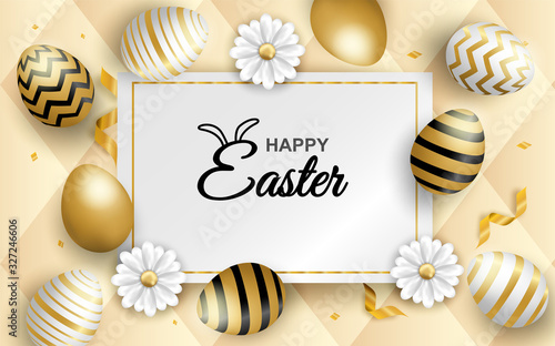 Happy easter celebration. Golden, white easter egg on soft background. light and shadow. Vector. illustration.
