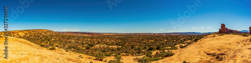 Desert Landscape Panorama with Balanced Rock , Arches National Park, Utah, USA