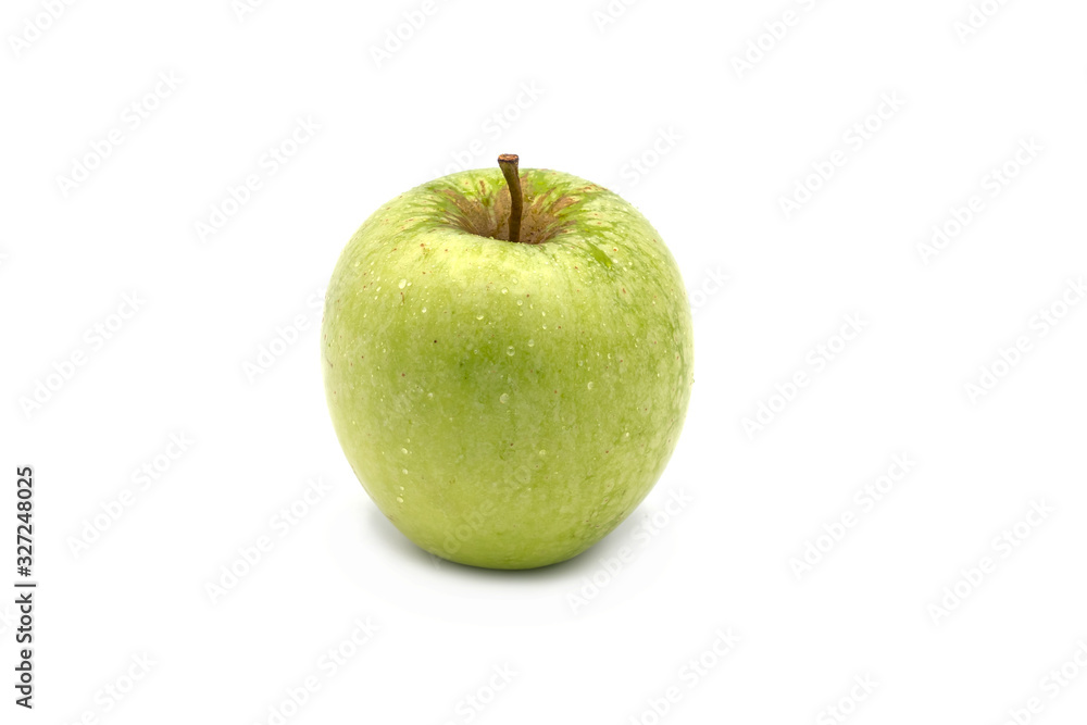 fresh green apple with little drops of water, isolated on white background
