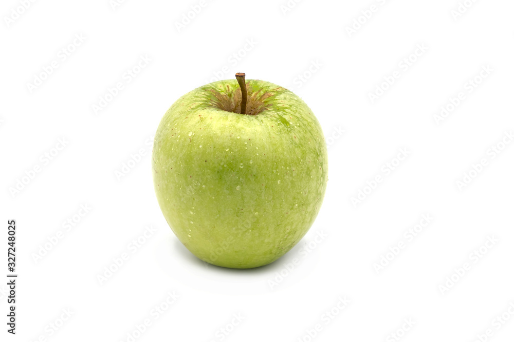 fresh green apple with little drops of water, isolated on white background fresh green apple with little drops of water, isolated on white background