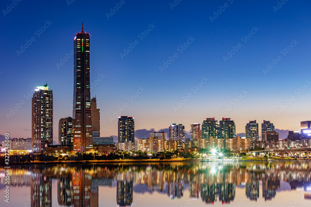View of Seoul City Skyline at Sunset in Seoul South Korea.