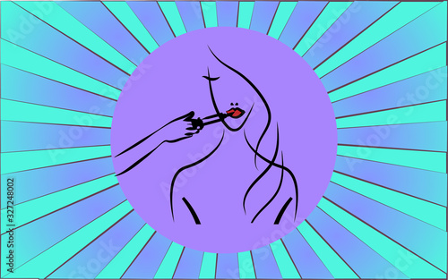 Linear round icon of injection cosmetology with botox lips on abstract blue rays background. Vector illustration