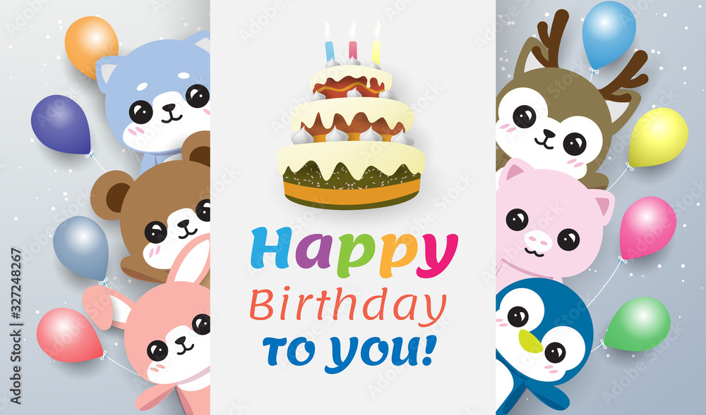 Fototapeta premium rabbit, bear and dog behide a cake . There is an HBD letter on the balloon and a white background flag floats out of the cake. On the blue-green background