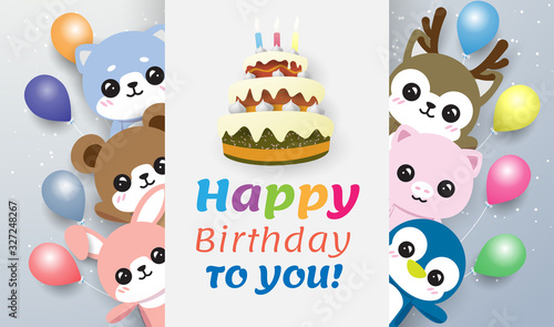 rabbit, bear and dog behide a cake . There is an HBD letter on the balloon and a white background flag floats out of the cake. On the blue-green background