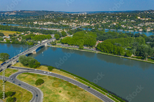 Amazing aerial landscape of Avignon city by the Rhone river