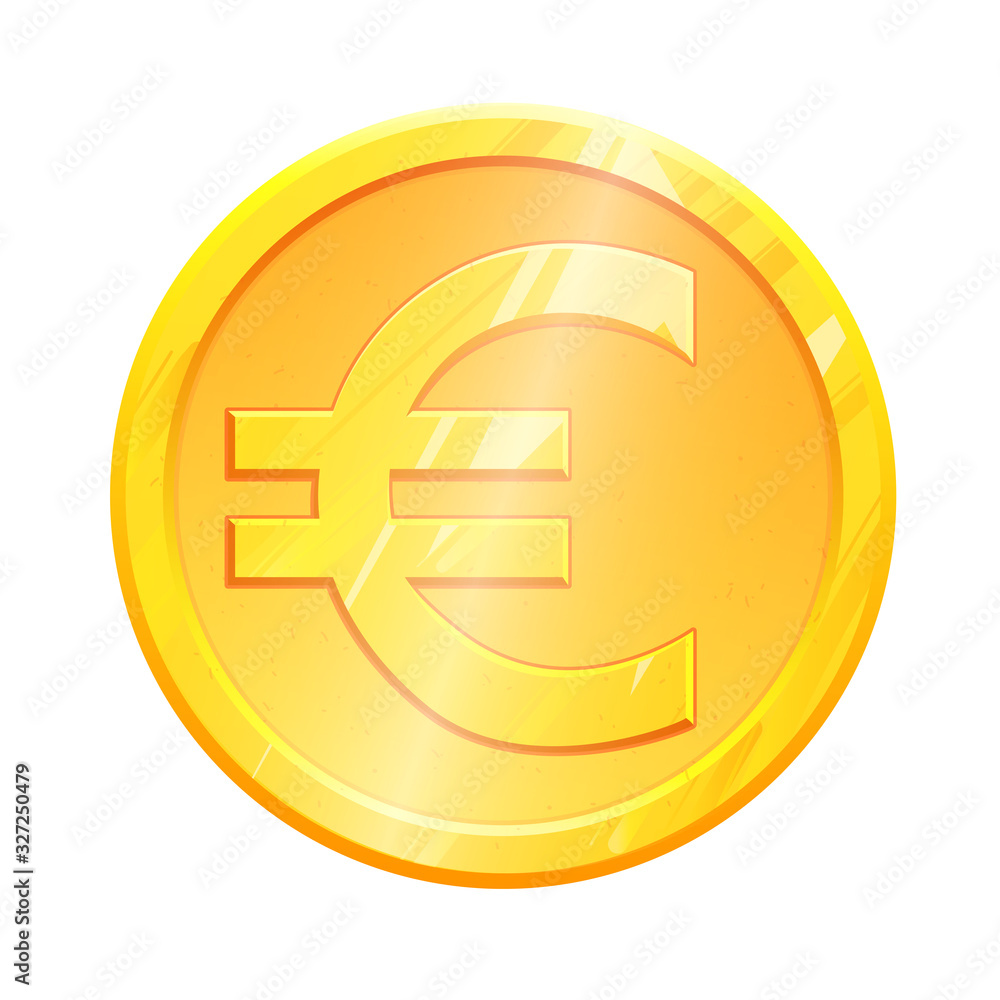 Fototapeta premium Golden euro coin EUR symbol on white background. Finance investment concept. Exchange European currency Money banking illustration. Business income earnings. Financial sign stock market