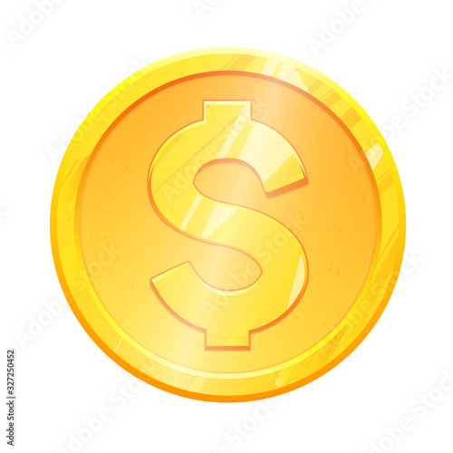 Golden dollar coin USD symbol on white background. Finance investment concept. Exchange European and USA currency Money banking illustration. Business income earnings. Financial sign stock market