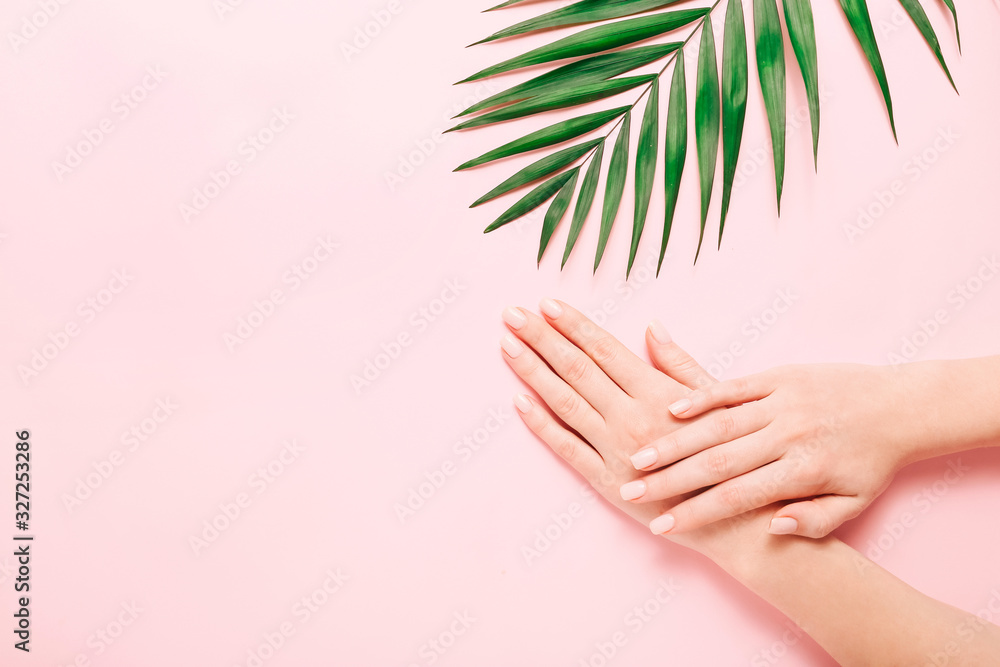 Woman's hands with beautiful manicure on pink background. Hands spa concept