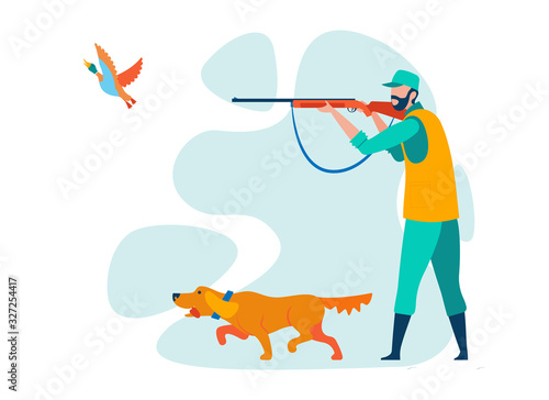 Hunter Shooting Wild Duck Flat Vector Character. Forest Hunting Season, Extreme Hobby, Occupation. Cartoon Illustration. Owner with Pet, Man Aiming Bird from Shotgun. Hunting Dog Running