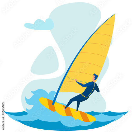 Extreme Windsurfing Cartoon Vector Illustration. Surface Water Sport Competition, Summer Vacation and Entertainment. Wind Surfing Leisure Activity, Outdoor Hobby. Male Windsurfer Character