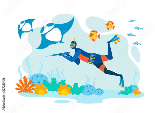 Fototapeta Naklejka Na Ścianę i Meble -  Ocean Spearfishing Cartoon Vector Illustration. Underwater Fisher Wearing Wetsuit, Holding Speargun Flat Character. Snorkeling, Scuba Diving Extreme Hobby. Fishery Industry, Hunting Business