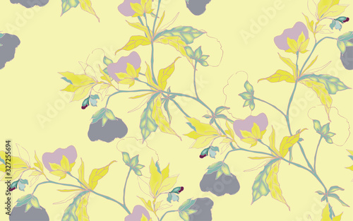 Graceful ornament of cotton flowers on a turquoise, sea foam color background. Seamless floral pattern.