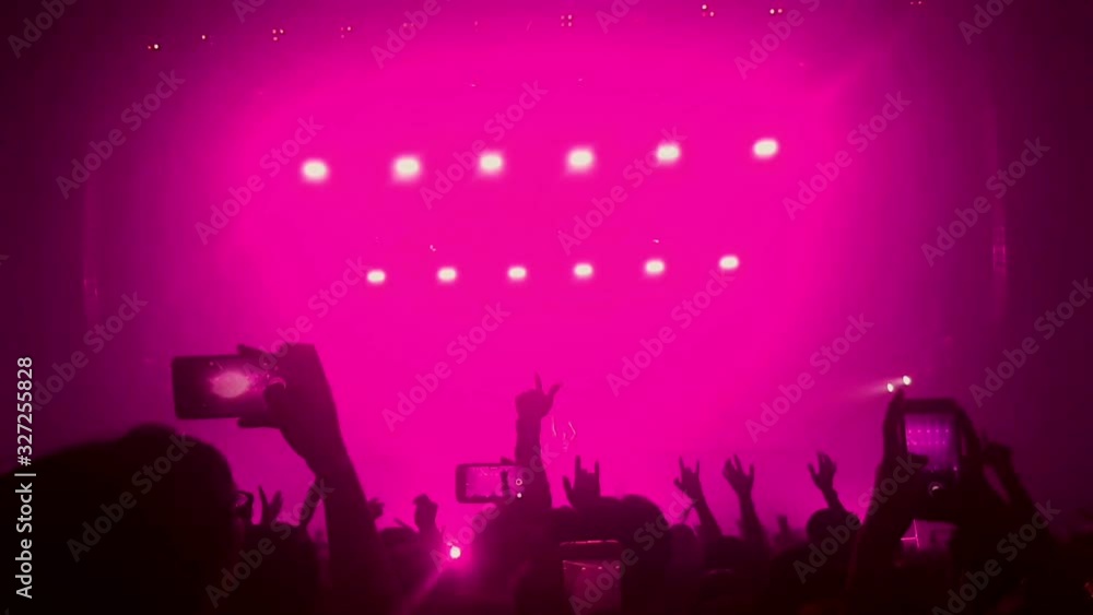 Happy people dance in nightclub party concert and listen to music from DJ on the stage in background. Cheerful crowd celebrate Christmas and New Year party 2018. Young people lifestyle and nightlife.