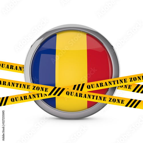 Tableau sur toile Romania flag with yellow quarantine warning security tape