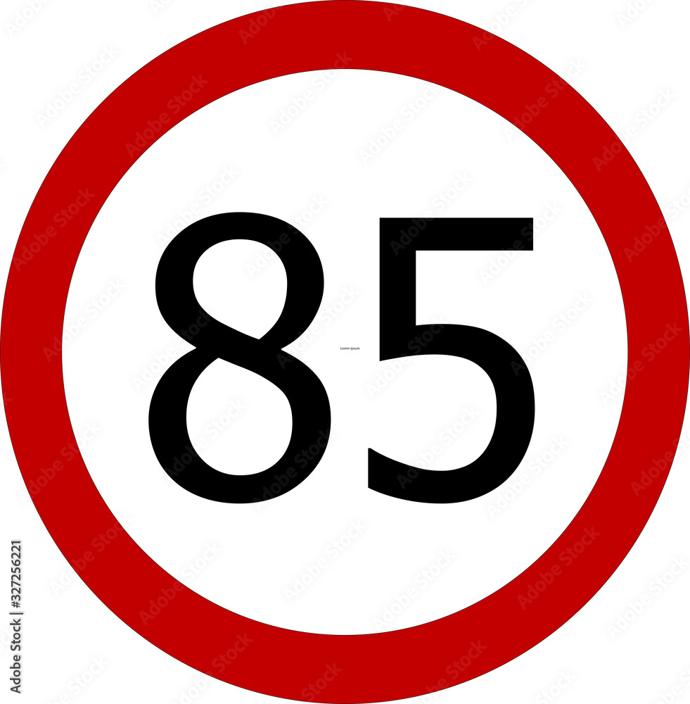 Speed limit 85 kmh or 85 mph sign on white background Speed limit 85 kmh or 85 mph sign on white background