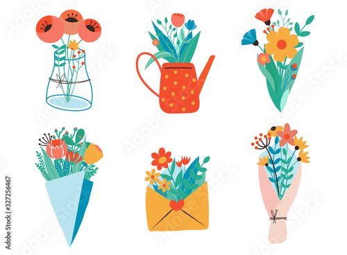 Flower bouquets, kraft paper, envelopes, boxes, ribbons,letter and watering can. Flat design. Paper cut style. Hand drawn trendy vector set. Pastel colors. All elements are isolated