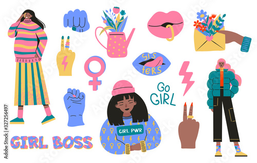 Collection of symbols of feminism and body positivity movement. Set of colorful stickers with feminist and body positive slogans or phrases. Modern vector illustration in flat cartoon style  photo