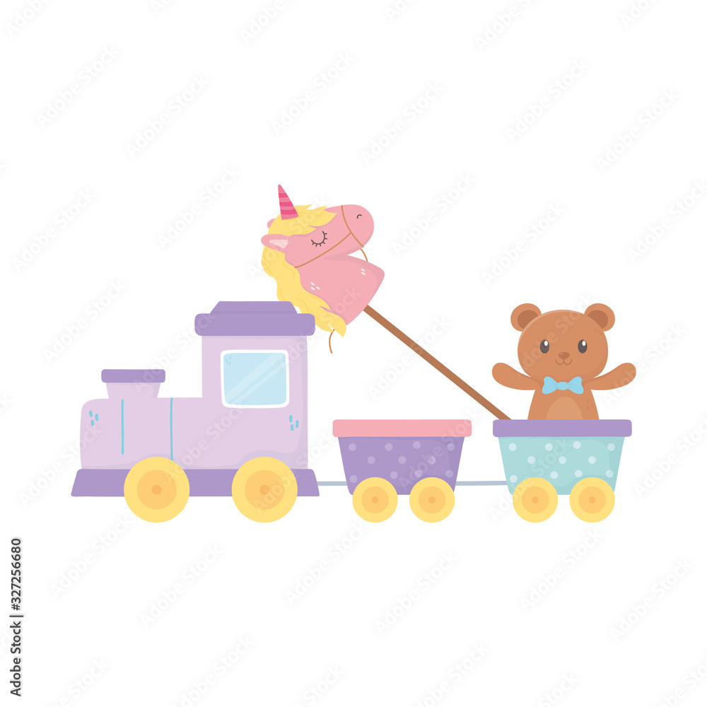 Fototapeta premium kids zone, train teddy bear and unicorn in stick toys