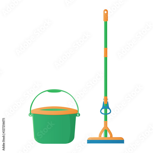 Cartoon sponge mop with hand rubber squeezer with bucket stock vector illustration. Cleaning services, household concept. Equipment for housework elements isolated on white background.