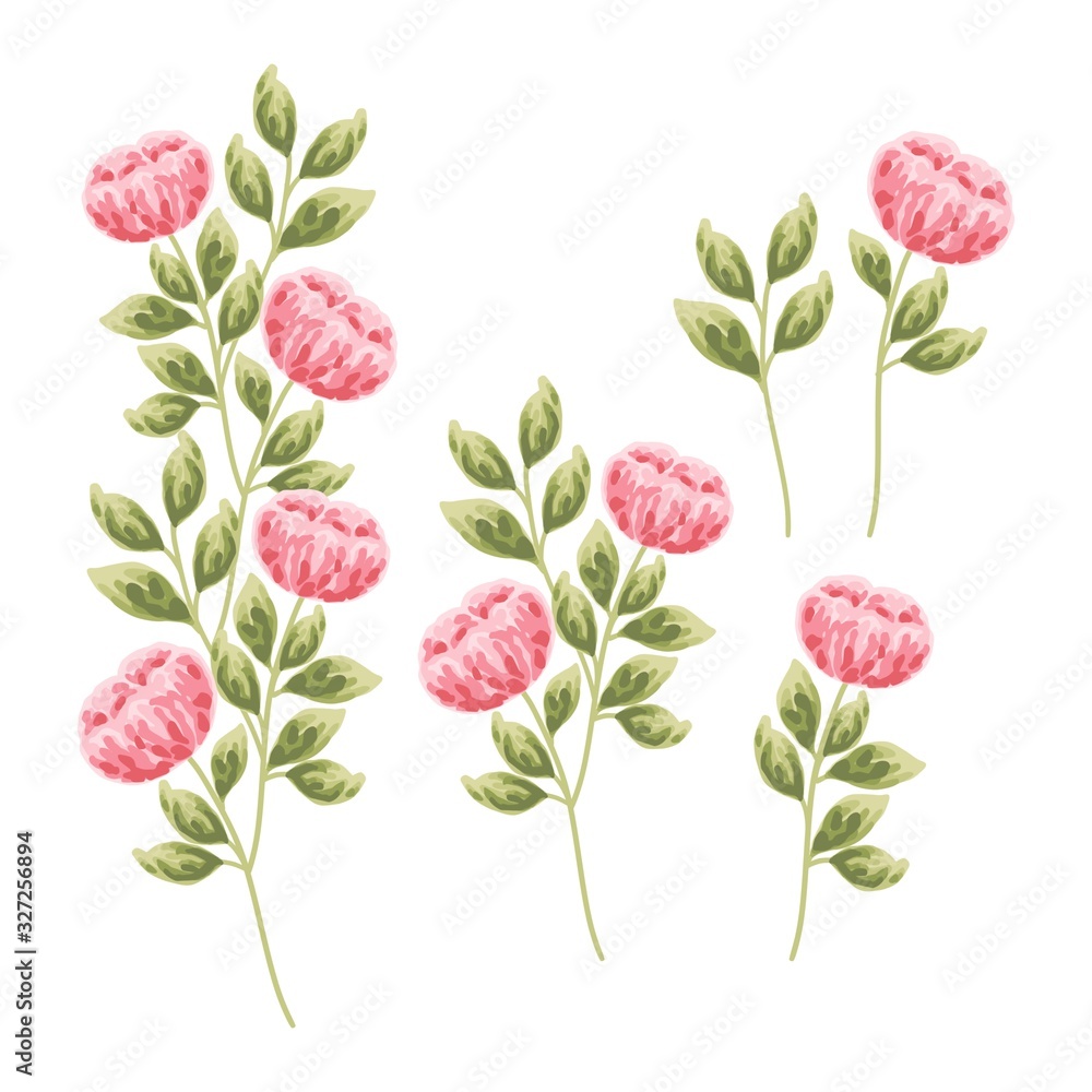 set of vintage red and pink peony flower bud and green leaf design elements for wedding invitation, card, logo, or floral icon