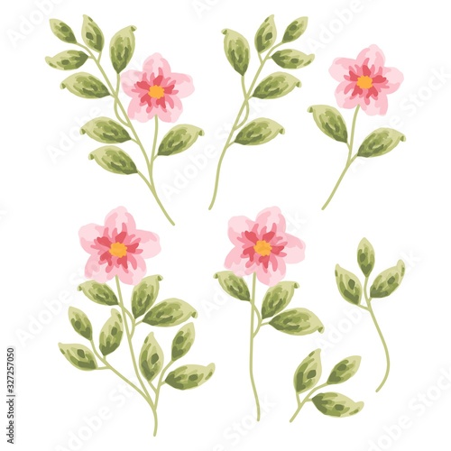 set of vintage red and pink flowers and green leaf design elements for wedding invitation, card, logo, or floral icon