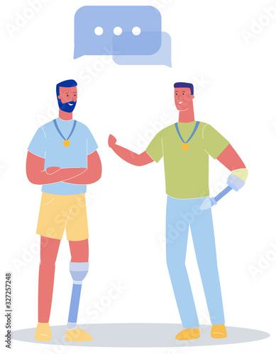 Man with Prosthetic Leg Talk Male with Arm Prosthesis Vector Illustration. Gold Medal Player, Paralympic Game, Match, Competition Win. Disabled Handicapped Sport Training. Social Adaptation Support
