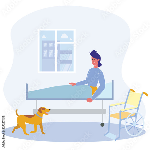 Happy Cartoon Woman Sit on Bed Hospital Ward Wheelchair Vector Illustration. Mobility Assistance, Trained Service Dog. Physically Disabled, Handicapped Person Rehabilitation Treatment