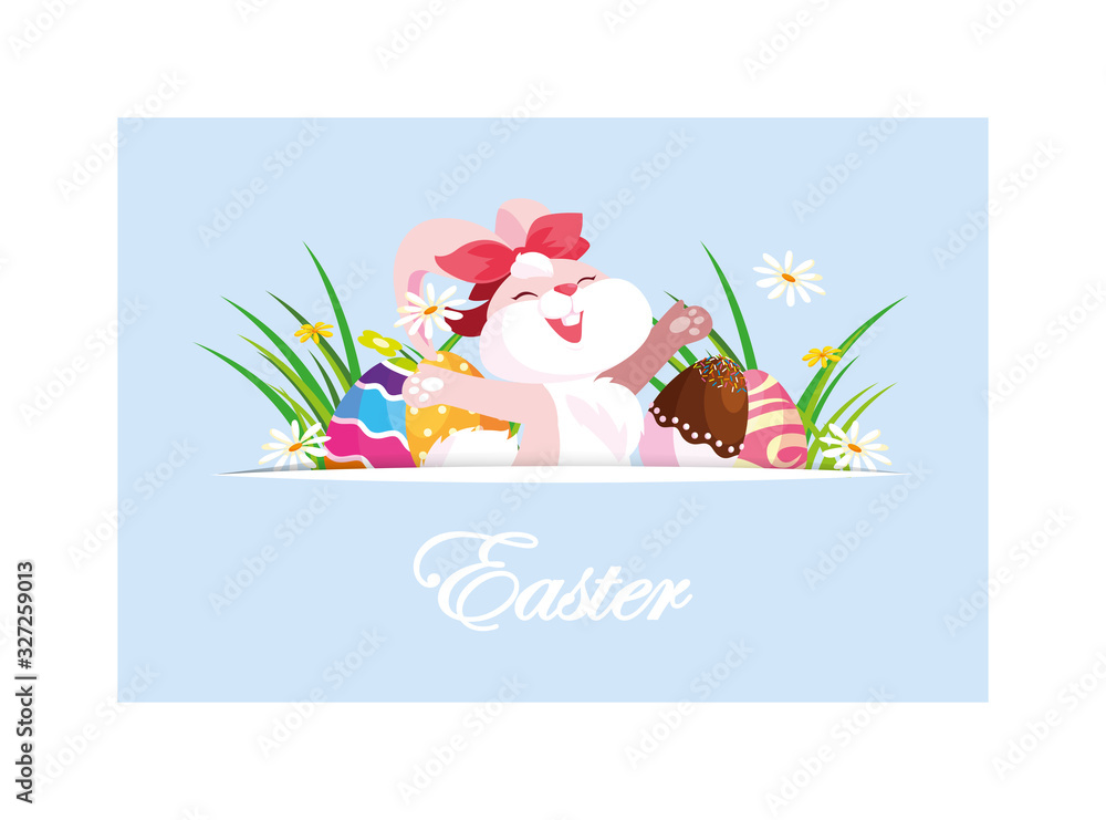 Fototapeta premium rabbit with easter label and eggs, greeting card