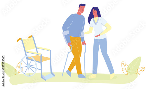 Woman Medical Nurse Assist Man Walking with Cruthes Vector Illustration. Patient Crutch Training. Wheelchair Recovery. Physiotherapy Training. Disabled Rehabilitation. Leg Injury Treatment photo