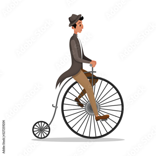 Man Riding Penny Farthing Retro Bicycle Isolated on White Background. Victorian Male Character in Vintage Clothing Hat and Frock Coat, Historical Cinema Actor, Movie, Film Cartoon Vector Illustration