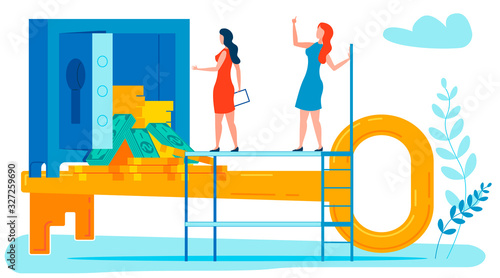Banking Secrecy Metaphor Flat Vector Illustration. Bank Safe with Golden Coins, Banknotes Under Reliable Protection. Finance Experts, Analysts, Consultants Securing Clients Financial Information